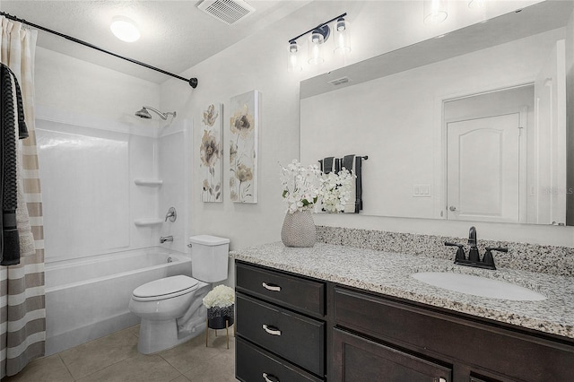 full bath with shower / bath combination with curtain, visible vents, toilet, vanity, and tile patterned flooring