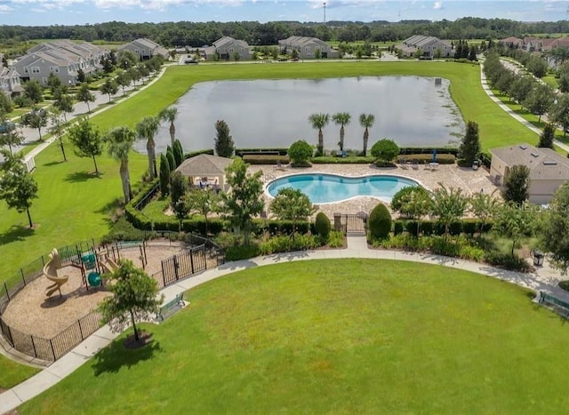 drone / aerial view featuring a water view