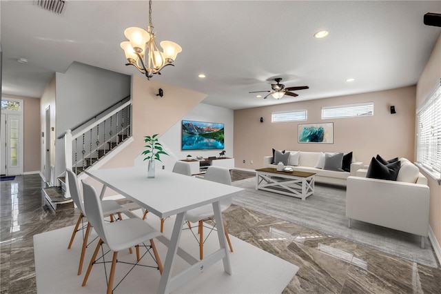 dining room with recessed lighting, visible vents, baseboards, stairs, and marble finish floor