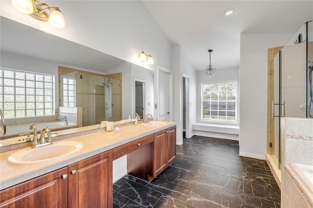 full bath featuring a garden tub, double vanity, a stall shower, and a sink