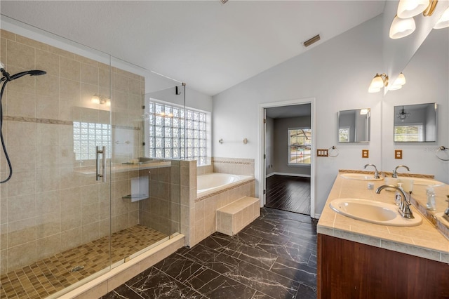 bathroom with lofted ceiling, a wealth of natural light, and a sink