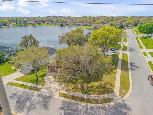 drone / aerial view featuring a water view