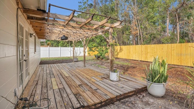 wooden deck featuring a fenced backyard and a pergola