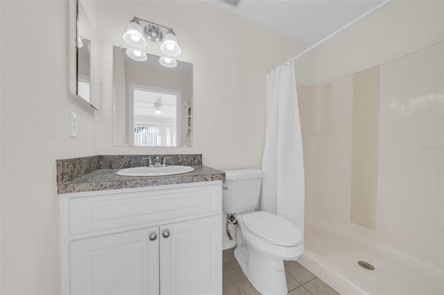 bathroom with a stall shower, visible vents, toilet, tile patterned flooring, and vanity