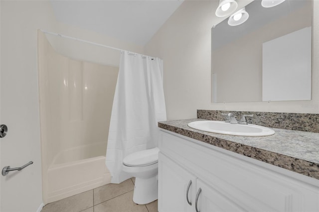 full bath with tile patterned flooring, shower / bathtub combination with curtain, vanity, and toilet