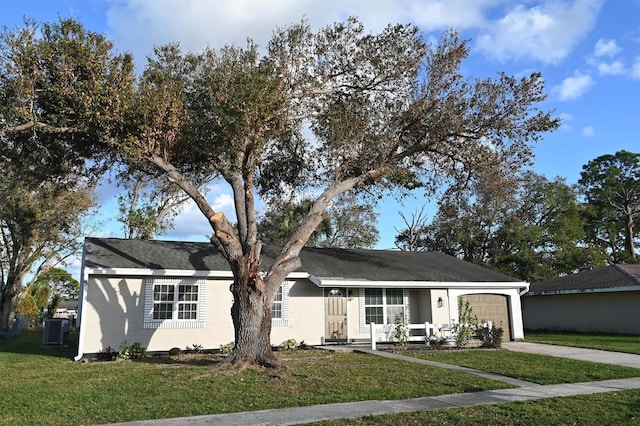 single story home with central AC unit, concrete driveway, stucco siding, an attached garage, and a front yard