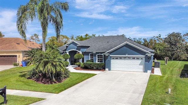 view of front of home featuring stucco siding, concrete driveway, an attached garage, central AC unit, and a front yard