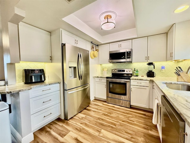 kitchen with light stone counters, a tray ceiling, light wood-style flooring, appliances with stainless steel finishes, and a sink