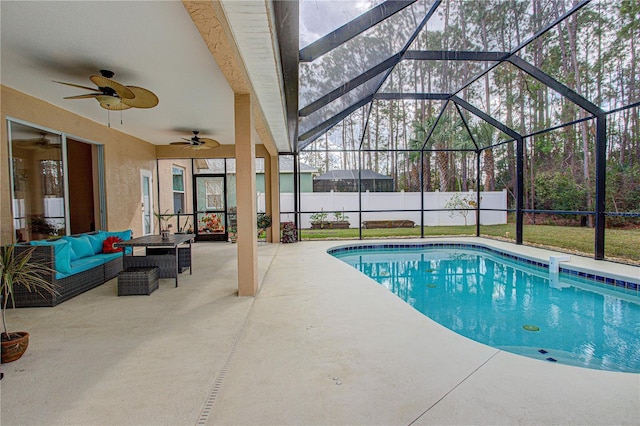 view of swimming pool featuring a fenced in pool, a patio, an outdoor hangout area, a lanai, and fence