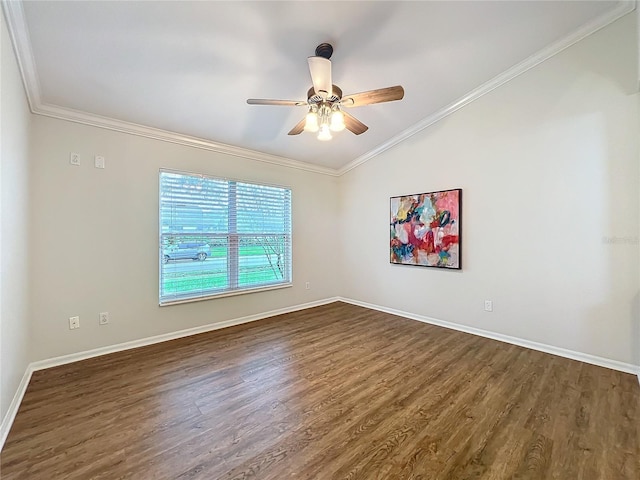 unfurnished room featuring dark wood-style floors, crown molding, baseboards, and ceiling fan