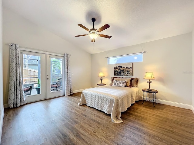 bedroom with wood finished floors, baseboards, vaulted ceiling, access to exterior, and french doors