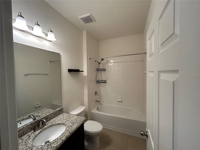 full bath featuring visible vents, toilet, a textured ceiling, vanity, and tile patterned floors