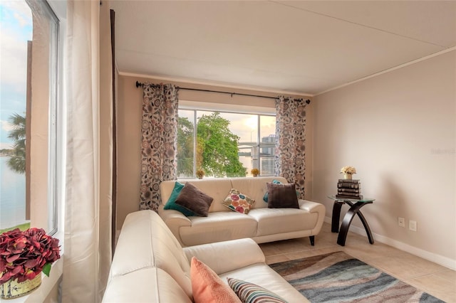 living area featuring ornamental molding, tile patterned flooring, and baseboards