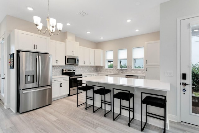 kitchen with appliances with stainless steel finishes, a breakfast bar, white cabinets, and backsplash