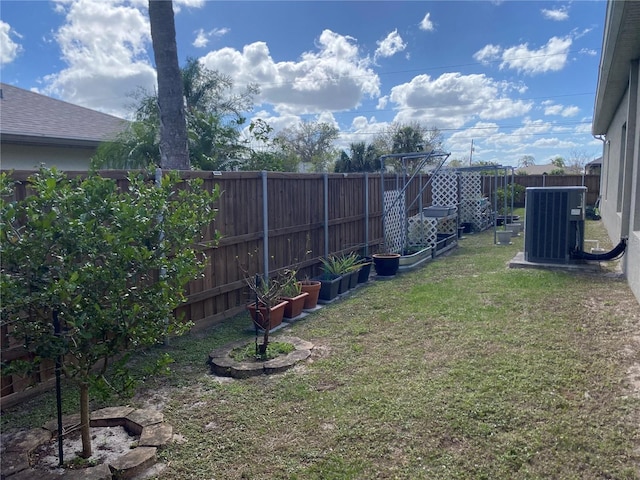 view of yard with central air condition unit, a fenced backyard, and a vegetable garden