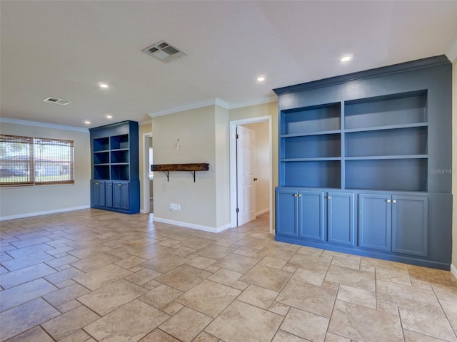 unfurnished living room featuring baseboards, crown molding, visible vents, and built in features