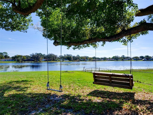 property view of water featuring fence