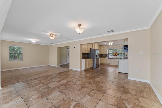 kitchen with tasteful backsplash, open floor plan, stainless steel refrigerator with ice dispenser, white electric range oven, and a ceiling fan