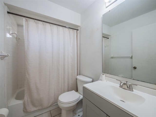 full bath with toilet, shower / tub combo, tile patterned floors, and vanity