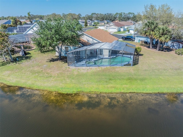 aerial view featuring a water view and a residential view