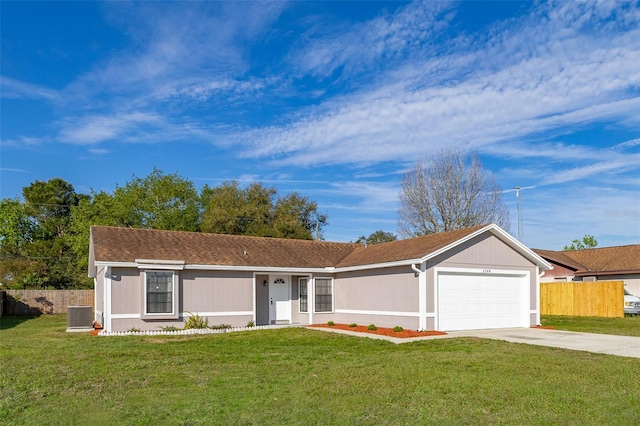 single story home with a garage, central AC, fence, driveway, and a front yard