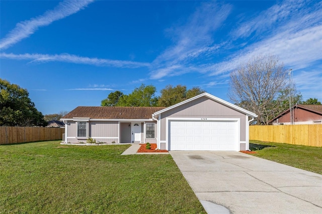 single story home featuring a garage, driveway, a front lawn, and fence