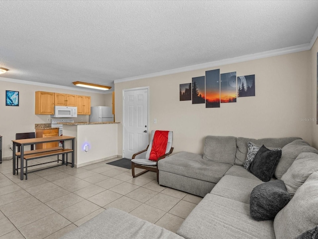 living area with crown molding, a textured ceiling, baseboards, and light tile patterned floors