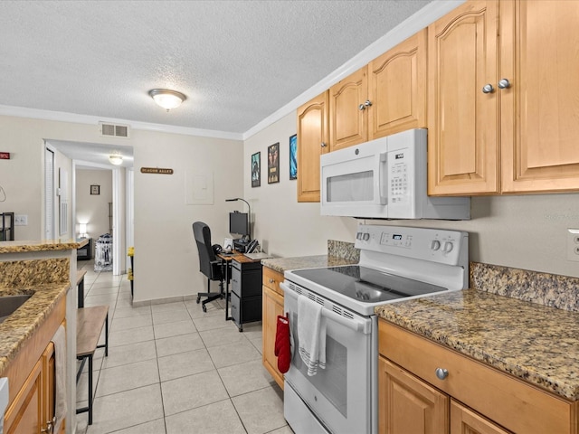 kitchen with white appliances, stone counters, visible vents, and crown molding