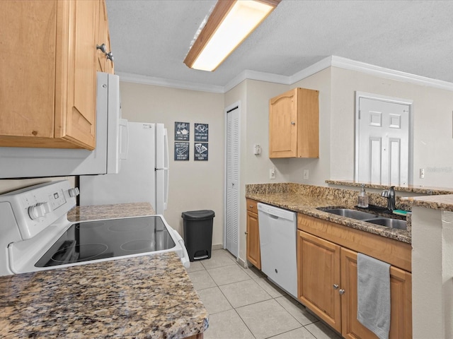 kitchen featuring white appliances, light tile patterned floors, crown molding, a textured ceiling, and a sink