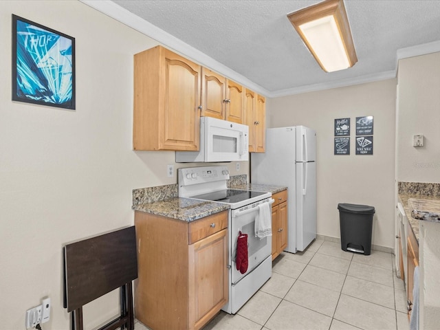 kitchen featuring crown molding, light tile patterned floors, light brown cabinetry, a textured ceiling, and white appliances