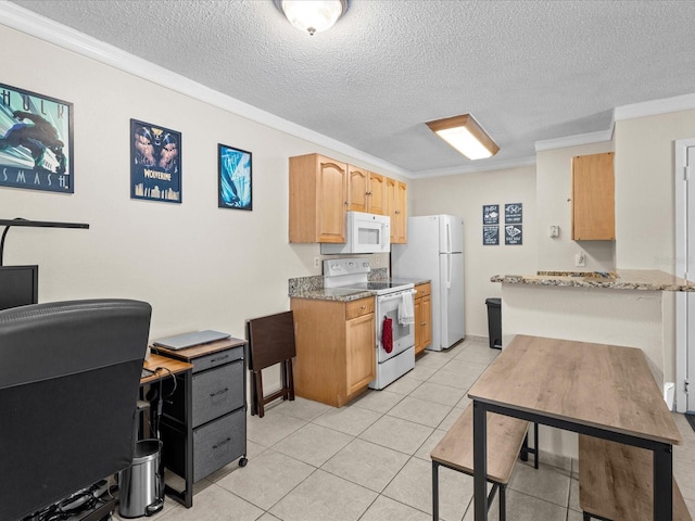 kitchen featuring a textured ceiling, light tile patterned floors, white appliances, ornamental molding, and light brown cabinetry