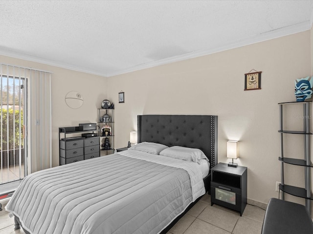 bedroom with access to exterior, crown molding, light tile patterned floors, a textured ceiling, and baseboards