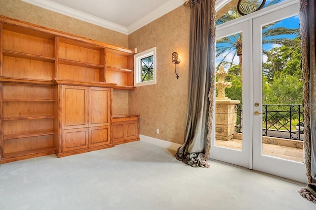 1400 Alabama Dr, Winter Park, FL 32789 - doorway to outside with crown molding, french doors, baseboards, and carpet floors