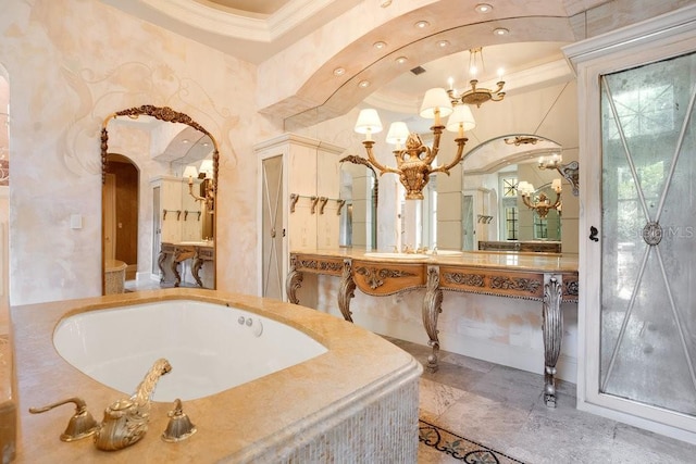 1400 Alabama Dr, Winter Park, FL 32789 - bathroom with crown molding, vanity, an inviting chandelier, and a garden tub