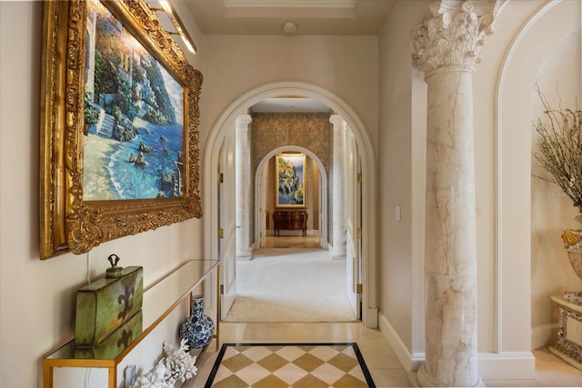 1400 Alabama Dr, Winter Park, FL 32789 - hallway featuring arched walkways, light tile patterned floors, and ornate columns