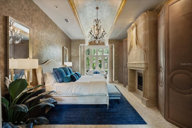 1400 Alabama Dr, Winter Park, FL 32789 - bedroom with a chandelier, a tile fireplace, french doors, and visible vents