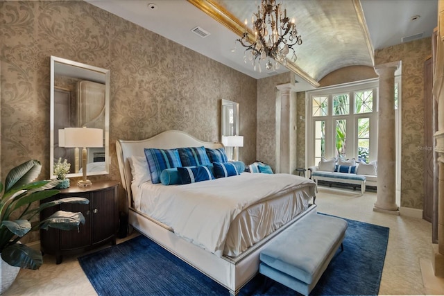 1400 Alabama Dr, Winter Park, FL 32789 - bedroom with visible vents, ornate columns, and wallpapered walls