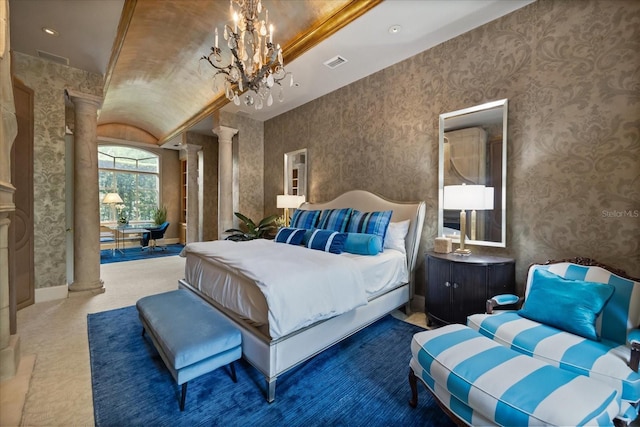 1400 Alabama Dr, Winter Park, FL 32789 - bedroom with wallpapered walls, decorative columns, an inviting chandelier, and visible vents