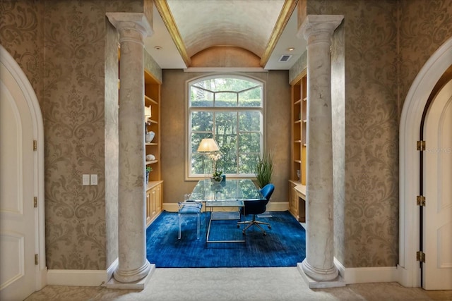 1400 Alabama Dr, Winter Park, FL 32789 - interior space with decorative columns, baseboards, vaulted ceiling, and wallpapered walls