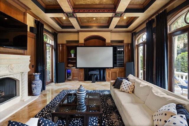 1400 Alabama Dr, Winter Park, FL 32789 - home theater room featuring coffered ceiling, crown molding, a high end fireplace, and wine cooler