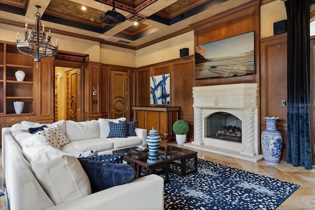 1400 Alabama Dr, Winter Park, FL 32789 - living area with a chandelier, a fireplace, crown molding, beam ceiling, and a towering ceiling