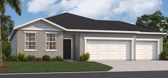 ranch-style house with a garage, concrete driveway, a front yard, and stucco siding