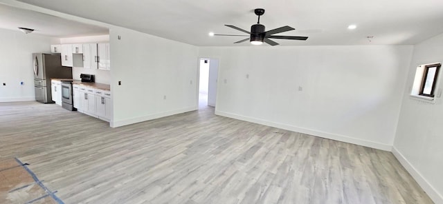 unfurnished living room featuring light wood-style floors, recessed lighting, baseboards, and a ceiling fan