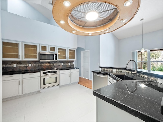 kitchen with decorative backsplash, a towering ceiling, appliances with stainless steel finishes, a tray ceiling, and a sink