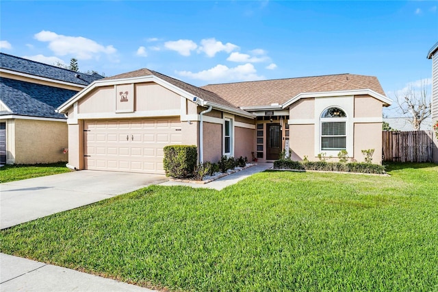 single story home featuring a garage, fence, concrete driveway, stucco siding, and a front yard