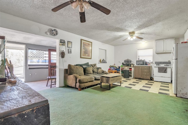 living area featuring light carpet, ceiling fan, and a textured ceiling