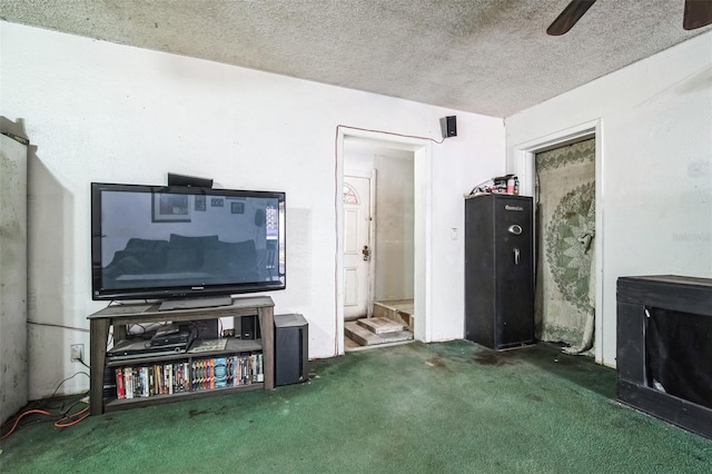 living room with a textured ceiling and carpet flooring