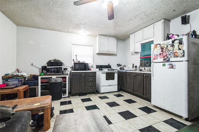 kitchen featuring ceiling fan, white appliances, a sink, white cabinetry, and light countertops