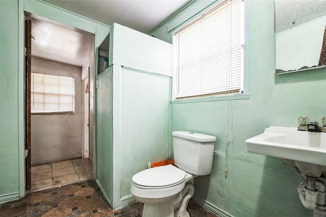 bathroom featuring stone finish flooring, plenty of natural light, and toilet