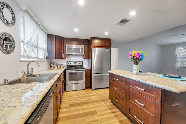 kitchen featuring stainless steel appliances, visible vents, a sink, light wood-type flooring, and plenty of natural light